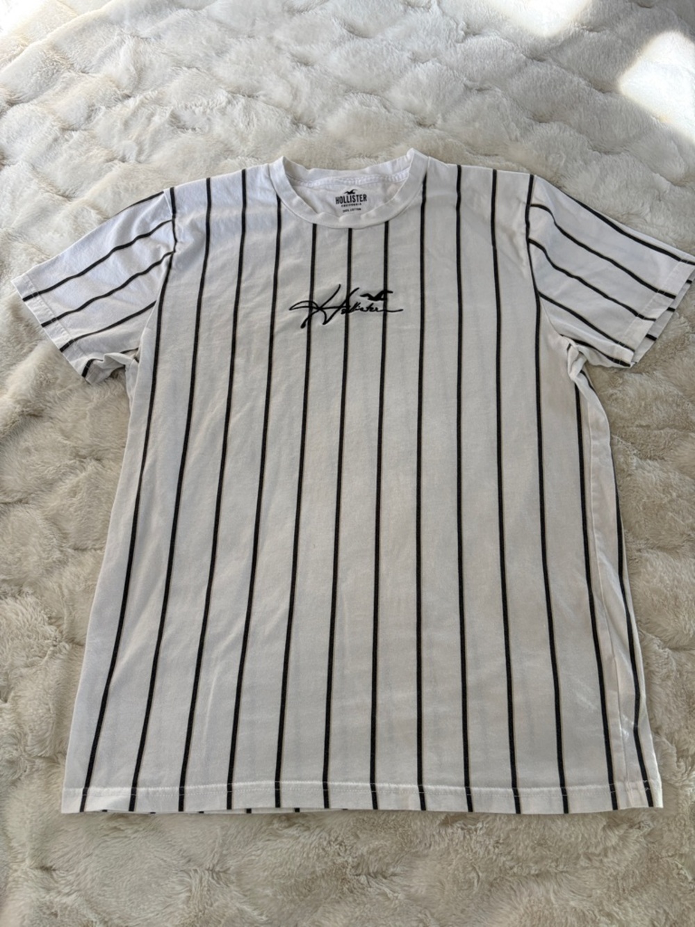 Hollister White Tee with Black Pinstripes and Script Logo
